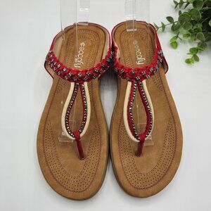 Socofy Sandals Women's 39 Red Suede Rhinestone Bling Thong Slip On‎ Flip Flops